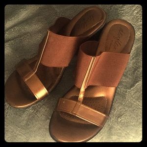 Metallic bronze wedge heels by Dexflex